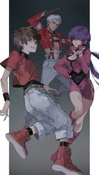  2boys bad_id bad_twitter_id brown_hair chris_(kof) commentary covered_eyes dress female gloves highres jewelry multiple_boys nanakase_yashiro necklace orochi_chris orochi_shermie orochi_yashiro otuming purple_hair red_eyes shermie_(kof) short_dress suspenders the_king_of_fighters white_hair 