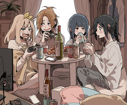  4girls antenna_hair barefoot black_eyes black_hair blonde_hair blue_eyes blush bottle bow brown_eyes brown_hair can cardigan cellphone commentary_request controller drink drinking food friends from_side full_body game_controller grey_hair grey_pants grey_shirt hair_ornament hairbow hibike!_euphonium holding holding_can holding_controller holding_game_controller indoors kasaki_nozomi long_hair long_sleeves looking_at_another looking_at_viewer multiple_girls nakagawa_natsuki nose_blush open_mouth pants parted_bangs phone pillow plant playing ree_(re-19) room scarf shirt short_eyebrows short_ponytail sidelocks sitting smartphone smile table teeth television translated yellow_bow yellow_scarf yoroizuka_mizore yoshikawa_yuuko 