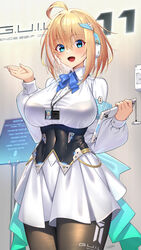  ahoge blonde_hair blue_eyes bow bowtie bra_visible_through_clothes breasts corset covered_navel dress female hair_between_eyes hands_up headset highres id_card lanyard large_breasts light_blush looking_at_viewer medium_hair open_mouth original pantyhose short_dress short_hair smile solo sophia_f_shirring tablet_pc takamine_nadare taut_clothes taut_dress thighs underbust white_dress 