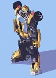  1boy absurdres autobot blue_eyes bumblebee_(transformers) english_commentary from_above highres horns i_heart... lextodrawstuff mecha no_humans robot science_fiction smile solo standing transformers wheel 