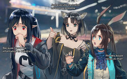  3girls amiya_(arknights) animal_ears arknights ascot black_choker black_dress black_hair black_jacket blue_ascot blue_choker blue_eyes blurry blurry_background brown_hair cat_ears choker closure_(arknights) commentary_request dress hair_ornament highres jacket long_hair long_sleeves mandragora_(arknights) multiple_girls off-shoulder_dress off_shoulder one_side_up open_clothes open_jacket open_mouth pointing pointy_ears rabbit_ears red_eyes shirt short_hair t-shirt translated upper_body welt_(kinsei_koutenkyoku) white_shirt 