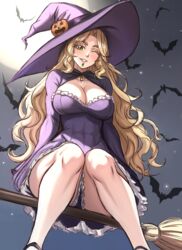  abs bat_(animal) black_dress blonde_hair breasts broom broom_riding chin_piercing cleavage cleavage_cutout clothing_cutout collarbone covered_abs dress english_commentary fate/grand_order fate_(series) female full_moon green_eyes halloween halloween_costume hat hat_ornament highres large_breasts long_hair long_sleeves moon night night_sky one_eye_closed pumpkin_hat_ornament purple_dress purple_hat quetzalcoatl_(fate) short_dress sky smile solo tight_clothes tight_dress very_long_hair wavy_hair witch witch_hat zantyarz 