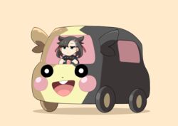  asymmetrical_bangs black_choker black_hair black_jacket choker closed_mouth commentary driving earrings expressionless eyelashes female green_eyes hair_ribbon jacket jewelry maks_(makusu_210) marnie_(pokemon) morpeko morpeko_(full) pokemon pokemon_swsh pui_pui_molcar red_ribbon ribbon 