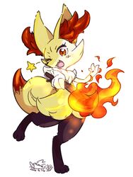  animal_ear_fluff animal_ears animal_nose artist_name bad_id bad_twitter_id black_fur blush braixen collaboration colorized commentary_request dated digitigrade female fire fox_ears fox_tail full_body furry furry_female hand_up happy highres holding holding_stick jpeg_artifacts leg_up light_blush looking_at_viewer mizuki_kotora multicolored_fur oerba_yun_fang one_eye_closed open_mouth outstretched_arm pokemon pokemon_(creature) red_eyes signature simple_background skin_fang smile snout solo standing standing_on_one_leg star_(symbol) stick tail white_background white_fur yellow_fur yotsuba_taro 