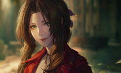  absurdres aerith_gainsborough artofkuzu bow breasts brown_hair closed_mouth collarbone cropped_jacket drill_hair female final_fantasy final_fantasy_vii final_fantasy_vii_remake forehead green_eyes hair_intakes highres jacket jewelry long_hair looking_at_viewer necklace open_clothes open_jacket parted_bangs photoshop_(medium) pink_bow ponytail side_drill sidelocks smile solo 