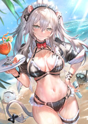  adapted_costume animal_ears beach bikini black_bikini black_bow black_nails bow bowtie breasts bridal_garter cleavage closed_mouth commentary cowboy_shot crazy_straw cup day drinking_glass drinking_straw ear_piercing fang_out female grey_eyes grey_hair himonoata holding holding_tray holding_water_gun hololive large_breasts lion_ears lion_girl lion_tail long_hair looking_at_viewer maid_headdress multi-strapped_bikini nail_polish navel o-ring o-ring_bikini oerba_yun_fang outdoors piercing puffy_short_sleeves puffy_sleeves red_bow red_bowtie shishiro_botan shishiro_botan_(1st_costume) short_sleeves solo ssrb_(shishiro_botan) standing stomach summer swimsuit tail tail_bow tail_ornament tray tropical_drink two_side_up virtual_youtuber water water_gun 