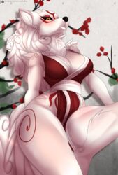  absurd_res amaterasu_(okami) anthro bottomless breasts canid canine canis capcom clothed clothing clover_studio cosplay deity digital_media_(artwork) female fur hi_res mammal markings okami_(capcom) red_markings shaded skylosminkan solo text url white_body white_fur wolf yellow_eyes 