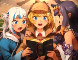  3girls bible_(object) black_hair blonde_hair blue_eyes blue_hair blue_nails blunt_bangs blush book brown_coat brown_headwear coat collared_shirt commentary detached_sleeves english_commentary gawr_gura gawr_gura_(1st_costume) gloves hair_flaps hair_ornament holding holding_book hololive hololive_english hood hoodie khyle. long_hair looking_at_another multicolored_hair multiple_girls nail_polish necktie ninomae_ina&#039;nis ninomae_ina&#039;nis_(1st_costume) one_side_up open_mouth paid_reward_available purple_eyes reading red_necktie shark_hair_ornament sharp_teeth shirt short_hair sidelocks streaked_hair teeth tentacle_hair two-tone_hair upper_body virtual_youtuber watson_amelia watson_amelia_(1st_costume) white_hair 