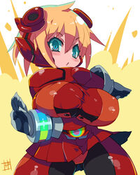  absurdres blonde_hair blue_eyes blush bodysuit breasts cowboy_shot curvy disgaea dress female gloves grey_gloves hair_between_eyes highres large_breasts looking_at_viewer makai_senki_disgaea_6 nijino_piyori no_nose open_mouth plump pose red_bodysuit red_dress shiny_clothes short_dress short_hair signature solo standing tokusatsu zankuro 