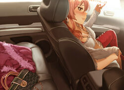  bad_id bad_pixiv_id bag blush car_interior commentary_request earrings female fur_(clothing) hamedoragon handbag idolmaster idolmaster_cinderella_girls jewelry jougasaki_mika looking_at_viewer nail_polish pink_hair smile yellow_eyes 