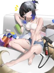  absurdres arknights arm_strap bare_arms bare_legs bare_shoulders barefoot bird black_hair breasts camisole commentary crop_top cutoffs denim denim_shorts eunectes_(arknights) feet female grey_eyes high_priest_(arknights) highres large_breasts legs lonn looking_at_viewer midriff navel paint_roller pointy_ears short_hair short_shorts shorts snake_tail spray_can stomach tail thighs toes underboob 