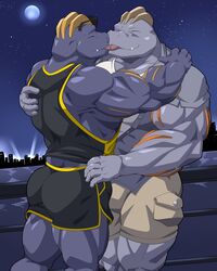  biceps city city_background clothed clothing duo flint_steel french_kissing generation_1_pokemon hi_res humanoid kissing machoke maldu male male/male muscular muscular_humanoid muscular_male night nintendo pokemon pokemon_(species) ryuji_kaiyo 