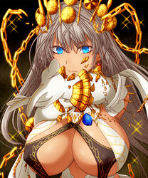  bare_shoulders blue_eyes breasts broken broken_chain center_opening chains cleavage crown cuffs dress earrings elbow_gloves fate/grand_order fate_(series) female gloves grey_hair halterneck hasebe_akira jewelry large_breasts long_hair looking_at_viewer neck_ring pointing pointing_at_viewer solo sparkle white_dress white_gloves zenobia_(fate) 