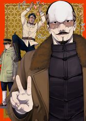  3boys absurdres bad_id bad_pixiv_id black_eyes black_hair black_jacket brown_coat coat collared_jacket commentary_request facial_hair forehead_protector goatee golden_kamuy hair_slicked_back hat heart highres jacket kepi koito_otonoshin long_sleeves male_focus military military_hat military_uniform moustache multiple_boys s10125 scar scar_on_face short_hair tsukishima_hajime tsurumi_tokushirou uniform v 