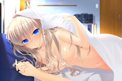  absurdres blanket blue_eyes breasts charlotte_(anime) commentary commission female grey_hair highres holding_hands long_hair looking_at_viewer nude otou_(otou_san) skeb_commission smile solo_focus tomori_nao 