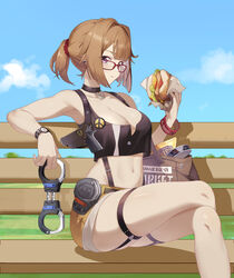  :t absurdres bag bare_arms bare_legs bare_shoulders bench black_tank_top blue_sky breasts brown_hair burger cleavage cloud commentary_request commission crop_top cuffs day feet_out_of_frame female food girls&#039;_frontline glasses grizzly_mkv_(girls&#039;_frontline) grizzly_mkv_(weekend_cop)_(girls&#039;_frontline) gun hand_up handcuffs handgun highres holding holding_food holding_handcuffs large_breasts looking_at_viewer midriff navel no.1_machine official_alternate_costume outdoors ponytail purple_eyes red-framed_eyewear second-party_source short_hair short_shorts shorts sitting sky solo stomach tank_top thigh_strap thighs watch weapon wristwatch yellow_shorts 