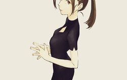  bad_id bad_twitter_id black_dress brown_background brown_eyes brown_hair cleavage_cutout closed_mouth clothing_cutout dress earrings expressionless female from_side highres jewelry long_hair looking_at_viewer original own_hands_together ponytail shiki_haru short_sleeves simple_background solo steepled_fingers stud_earrings upper_body 