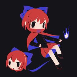  black_background black_shirt black_skirt blue_bow bow capelet chibi cobalta commentary_request disembodied_head female fire hairbow pleated_skirt red_capelet red_hair red_skirt sekibanki shirt short_hair simple_background skirt touhou 