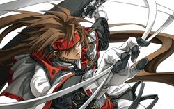  1boy belt brown_eyes brown_hair concrete dong_hole english_text gloves guilty_gear guilty_gear_xx hair_over_one_eye headband highres holding holding_weapon huge_weapon long_hair male_focus multiple_belts open_mouth order-sol outstretched_hand ponytail red_headwear sol_badguy solo very_long_hair weapon white_gloves 