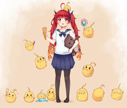  &gt;o&lt; aged_down ahoge animal_on_head azur_lane bird bird_on_head black_footwear black_legwear blue_ribbon blue_skirt blush blush_stickers candy chick commentary female food full_body gradient_background hair_ribbon hand_up highres holding holding_candy holding_food holding_lollipop holding_stuffed_toy honolulu_(azur_lane) ice_cream ice_cream_cone irohara lollipop long_hair looking_at_viewer manjuu_(azur_lane) on_head open_mouth orange_eyes orange_hair pantyhose pleated_skirt red_hair ribbon shirt short_sleeves simple_background skirt spill standing stuffed_animal stuffed_toy tearing_up tongue twintails very_long_hair white_shirt 