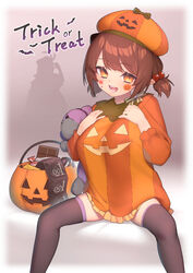  black_thighhighs breasts brown_hair candy chocolate chocolate_bar condom condom_packet_strip condom_wrapper dress female food granblue_fantasy hair_bobbles hair_ornament halloween halloween_costume hat hsuliherng large_breasts lecia_(granblue_fantasy) long_sleeves looking_at_viewer open_mouth oppai_loli pumpkin sitting solo teeth thighhighs trick_or_treat yaia_(granblue_fantasy) yellow_eyes 