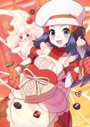  :d alcremie alcremie_(strawberry_sweet) apron black_hair blue_eyes blush box chef_hat commentary_request dawn_(palentine&#039;s_2021)_(pokemon) dawn_(pokemon) dress eyelashes female hair_ornament hairclip hat heart heart-shaped_box highres holding holding_whisk incoming_gift long_hair mittens official_alternate_costume open_mouth orange_(orangelv20) oven_mitts pokemon pokemon_(creature) pokemon_masters_ex red_dress red_mittens ribbon short_sleeves sidelocks smile tongue valentine whisk white_headwear 