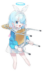  :d arona_(blue_archive) blue_archive blue_eyes blue_hair blue_shirt blush_stickers bow bow_hairband carrying chair choker commentary cropped_legs female hair_over_one_eye hairband halo highres long_sleeves looking_at_viewer multicolored_hair one_eye_covered open_mouth pink_hair pleated_skirt puffy_long_sleeves puffy_sleeves ribbon sailor_collar school_chair school_uniform shirt short_hair simple_background skirt smile solo standing v-shaped_eyebrows white_background white_choker white_hairband white_ribbon white_sailor_collar white_skirt zeroarchive00 