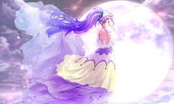  adapted_costume backless_dress backless_outfit cure_selene dress female floating_hair full_moon high_ponytail highres kaguya_madoka kyoutsuugengo long_dress long_hair looking_back moon precure purple_hair shoulder_blades solo standing star_twinkle_precure very_long_hair 