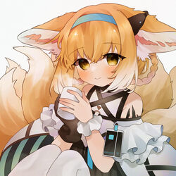  animal_ear_fluff animal_ears arknights bare_shoulders black_gloves blonde_hair blue_hairband blush braid braided_hair_rings brown_eyes closed_mouth commentary_request cup female fox_ears fox_girl fox_tail gloves gradient_hair grey_background hair_between_eyes hair_rings hairband highres holding holding_cup kitsune knees_up kyuubi looking_at_viewer material_growth mug multicolored_hair multiple_tails oripathy_lesion_(arknights) pantyhose shirt simple_background single_glove single_wrist_cuff sitting smile solo steam suzuran_(arknights) tail takumi_mizuki twin_braids white_hair white_pantyhose white_shirt wrist_cuffs 