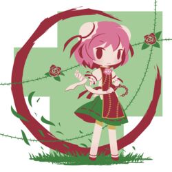  amputee bandaged_arm bandages brown_footwear bun_cover chibi cobalta commentary_request cuffs double_bun female flower flower_ornament green_skirt hair_bun ibaraki_kasen pink_hair plant rose shackles shirt short_hair skirt tabard thorns touhou vine_print vines white_shirt 