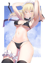  armpits arms_up artoria_pendragon_(alter_swimsuit_rider)_(fate) artoria_pendragon_(alter_swimsuit_rider)_(second_ascension)_(fate) artoria_pendragon_(fate) bikini black_bikini black_ribbon black_thighhighs blonde_hair border breasts bridal_garter closed_mouth cloud commentary fate/grand_order fate_(series) female floating_hair groin highres kitajima_yuuki long_hair looking_at_viewer maid_headdress medium_breasts navel neck_garter neck_ribbon ponytail ribbon sky solo stomach swimsuit thighhighs thighs white_border yellow_eyes 