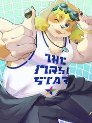  absurd_res amidasuke anthro belly blep blonde_hair blue_eyes canid canine canis clothing domestic_dog eyewear floppy_ears goggles hair hi_res hisaki_(live_a_hero) lifewonders live_a_hero male mammal one_eye_closed overweight overweight_male shirt solo tank_top tongue tongue_out topwear wink 