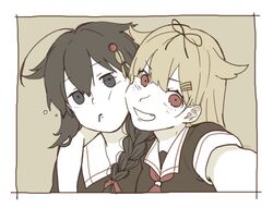  2girls arm_around_shoulder blue_eyes border braid cheek-to-cheek hair_flaps hair_ornament heads_together kantai_collection long_hair looking_at_viewer multiple_girls neckerchief oerba_yun_fang open_mouth red_eyes red_neckerchief sailor_collar saliva school_uniform selfie serafuku shigure_(kancolle) shigure_kai_ni_(kancolle) short_sleeves simple_background single_braid sukekiyo_(skky_0) upper_body white_border yellow_background yuudachi_(kancolle) yuudachi_kai_ni_(kancolle) 