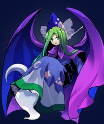  blue_background blue_cape blue_dress blue_hat bow cape capelet crescent crescent_print demon_wings dress female frilled_dress frills full_body ghost_tail green_eyes green_hair hat hat_bow holding holding_staff kaigen_1025 light_smile long_hair long_sleeves mima_(touhou) purple_cape purple_capelet see-through simple_background solo staff star_(symbol) star_print story_of_eastern_wonderland sun_print touhou touhou_(pc-98) two-tone_cape white_bow wing_cape wings wizard_hat 