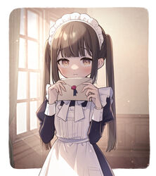  apron blunt_bangs blurry blurry_background blush bow brown_eyes brown_hair closed_mouth commentary female goshi-san hands_up highres holding holding_letter indoors letter light_rays long_hair long_sleeves looking_at_viewer maid maid_apron maid_headdress original solo sunbeam sunlight twintails white_bow window 