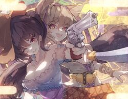  2girls arm_up bare_shoulders belt black_belt blonde_hair blue_dress blue_sleeves bracelet breasts brown_dress brown_eyes brown_hair brown_headwear chiroru_(cheese-roll) closed_mouth commentary cowboy_hat dress earmuffs gold green_background grey_bandana grey_scarf gun hair_between_eyes hand_up hat jewelry kurokoma_saki long_hair looking_at_viewer medium_breasts multicolored_background multicolored_clothes multicolored_dress multicolored_eyes multiple_girls off-shoulder_dress off_shoulder one_eye_closed open_mouth pink_dress pink_eyes plaid plaid_dress pointy_ears ponytail puffy_short_sleeves puffy_sleeves purple_background scarf short_hair short_sleeves sleeveless sleeveless_dress smile standing sword touhou toyosatomimi_no_miko weapon white_dress wings yellow_background yellow_belt yellow_eyes 