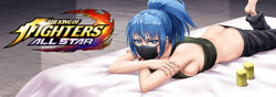  absurdres armpits bed blue_eyes blue_hair breast_press breasts butt_crack copyright_name feet female hands highres large_breasts leona_heidern lying mask military on_stomach ponytail sakuya_(liao_kj) snk soldier solo tank_top the_king_of_fighters the_king_of_fighters_all-stars 