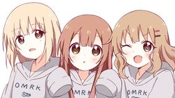  3girls :d absurdres blonde_hair blunt_bangs brown_eyes brown_hair commentary_request highres hood hoodie long_hair looking_at_viewer medium_hair mesushio multiple_girls oerba_yun_fang one_eye_closed oomuro-ke oomuro_hanako oomuro_nadeshiko oomuro_sakurako open_mouth siblings sisters smile white_background yuru_yuri 