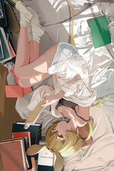  absurdres animal_ears arknights auguste bed black_tank_top blonde_hair blush book book_stack breasts cleavage dorothy_(arknights) female grey_shorts highres holding holding_book indoors legs long_hair long_sleeves looking_at_viewer lying medium_breasts mouse_ears mouse_girl mouse_tail no_shoes off_shoulder on_side open_book ponytail reading shirt shorts smile socks solo strap_slip tail tank_top upside-down white_shirt white_socks yellow_eyes 