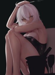  absurdres ahoge alcohol bad_id bad_twitter_id black_background black_dress bottle breasts bucket cigarette couch dress eyebrows fate/grand_order fate_(series) female highres jeanne_d&#039;arc_alter_(avenger)_(fate) jeanne_d&#039;arc_alter_(fate) legs_together looking_at_viewer medium_breasts medium_hair smoke smoke_trail white_hair wine wine_bottle yellow_eyes zaki_(zaki_btw) 