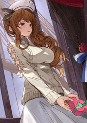  absurdres blush box breasts brown_eyes female gift gift_box heart-shaped_box highres holding holding_gift impossible_clothes impossible_sweater kanmiya_shinobu kantai_collection large_breasts light_brown_hair littorio_(kancolle) long_hair long_sleeves open_mouth side_ponytail skirt smile solo sweater wavy_hair white_skirt white_sweater 