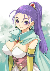  absurdres blue_cape blush breasts cape choker cleavage commentary_request corset dragon_quest dragon_quest_xi dress earrings elbow_gloves female gloves hair_ornament highres jewelry large_breasts long_hair muramasa_mikado ponytail purple_eyes purple_hair senica_(dq11) smile solo upper_body white_dress yellow_gloves 