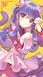  :3 animal_ears apron bell blush cat_ears cat_girl cat_tail closed_mouth commentary_request female frilled_apron frills hair_bell hair_between_eyes hair_ornament hands_up highres jingle_bell long_hair long_sleeves looking_at_viewer pants paw_pose purple_eyes purple_hair ranma_1/2 red_pants red_shirt shampoo_(ranma_1/2) shirt smile solo standing standing_on_one_leg tail tail_raised tomozero very_long_hair white_apron 