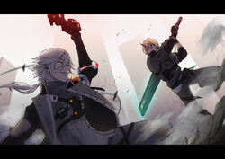  2boys battle black_jacket blonde_hair building fighting glowing glowing_eye grey_pants grey_vest grin gun hair_between_eyes handgun heterochromia holding holding_gun holding_sword holding_weapon horns jacket kamui:_bastion_(punishing:_gray_raven) kamui_(punishing:_gray_raven) letterboxed looking_at_another male_focus mechanical_arms multiple_boys open_mouth outdoors pants punishing:_gray_raven red_eyes roland_(npc)_(punishing:_gray_raven) roland_(punishing:_gray_raven) sachiko_y short_hair short_sleeves single_horn single_mechanical_arm sleeves_past_elbows smile sword teeth vest weapon white_eyes white_hair yellow_eyes 