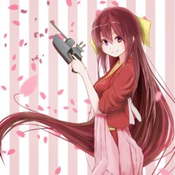  breasts cherry_blossoms female highres japanese_clothes kamikaze_(kancolle) kantai_collection kimono long_hair looking_at_viewer medium_breasts pink_eyes red_hair smile solo striped striped_background very_long_hair yoshino_(yoshino-yoshii) 