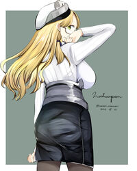  black_pantyhose black_skirt blonde_hair breasts character_name dated female glasses green_eyes hat highres kantai_collection large_breasts long_hair long_sleeves looking_at_viewer nanari_(nanari_nannari) northampton_(kancolle) pantyhose shirt simple_background skirt solo twitter_username two-tone_background white_hat white_shirt 