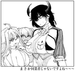  3girls ahoge bell breasts bunker_buta choker clenched_teeth closed_mouth copyright_request dark-skinned_female dark_skin eyes_visible_through_hair frills greyscale hair_between_eyes hatching_(texture) highres horns large_breasts long_hair looking_at_another monochrome multiple_girls navel neck_bell parted_lips pen pointy_ears sweat symbol-shaped_pupils teeth thinking translation_request 