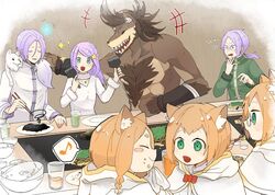  anastasia_hoshin animal_ears burnt_food cat_ears cup eating food fox fur_trim glasses green_eyes griddle hair_ornament heitarou_pearlbaton hood joshua_juukulius julius_juukulius kusato mimi_pearlbaton okonomiyaki orange_hair purple_hair re:zero_kara_hajimeru_isekai_seikatsu ricardo_(re:zero) star_(symbol) star_hair_ornament tivey_pearlbaton 