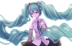  absurdly_long_hair black_hairband black_skirt blue_eyes blue_hair blue_ribbon commentary detached_sleeves dress_shirt female floating_hair grey_sleeves hair_between_eyes hairband hatsune_miku hatsune_miku_(nt) headphones highres katorea long_hair long_sleeves miniskirt neck_ribbon piapro pleated_skirt ribbon shirt simple_background skirt sleeveless sleeveless_shirt solo standing twintails very_long_hair vocaloid white_background white_shirt 