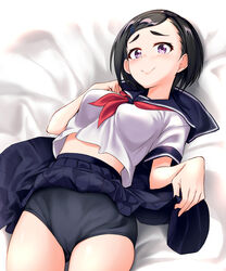  black_buruma black_hair black_skirt blush breasts buruma clothes_lift female highres idolmaster idolmaster_cinderella_girls looking_at_viewer lying matsuo_chizuru medium_breasts on_back painttool_sai_(medium) purple_eyes school_uniform serafuku shirota_mizuki shirt short_hair short_sleeves skirt skirt_lift smile solo white_shirt 